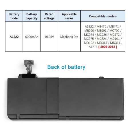 Batterie A1322 de remplacement pour ordinateur Apple MacBook Pro 13 A1278
