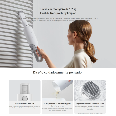Xiaomi Mijia - aspirador ligero, 17kpa de succión, filtrado en 3 etapas, 45 Minutos de duración de la batería, 1,2kg, co