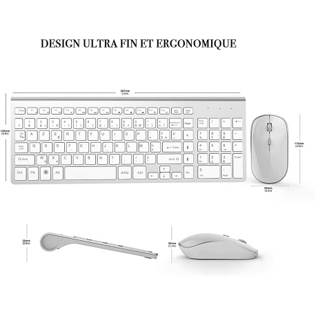 AZERTY - Teclado inalámbrico francés de 2,4 ghz, ratón ergonómico, Compatible con IMac, Mac, PC, tableta, ordenador Windows (bla